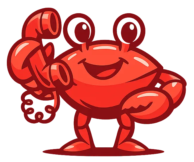 CrabCallr mascot - a friendly crab holding a phone